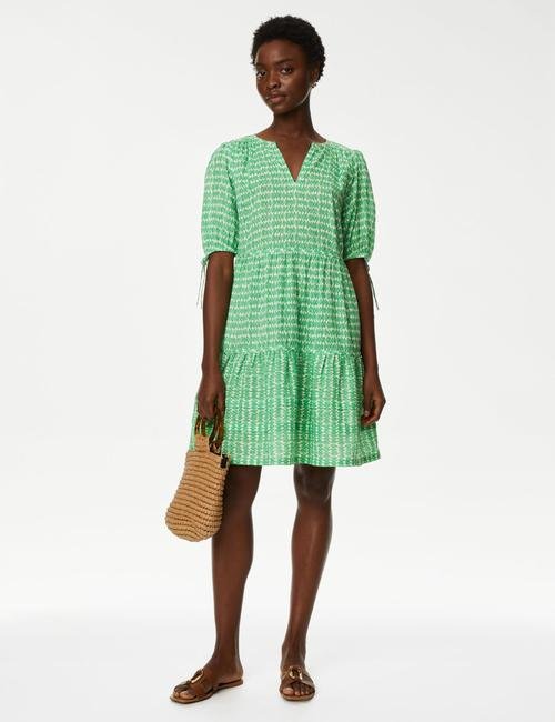 Yeşil Saf Pamuklu Kısa Kollu Mini Elbise