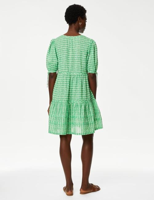 Yeşil Saf Pamuklu Kısa Kollu Mini Elbise