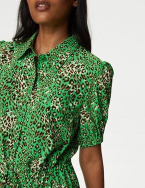 Kadın Yeşil Leopar Desenli Mini Gömlek Elbise