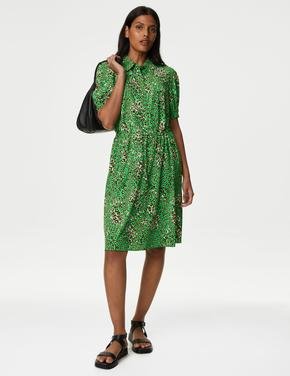 Kadın Yeşil Leopar Desenli Mini Gömlek Elbise