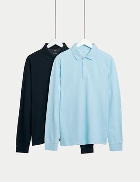 Erkek Mavi Saf Pamuklu 2'li Polo Yaka T-Shirt Seti