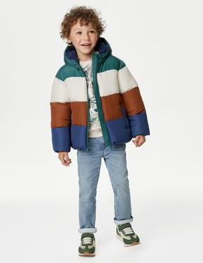Erkek Çocuk Multi Renk Renk Bloklu Kapüşonlu Puffer Şişme Mont (2-7 Yaş)