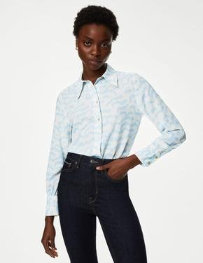 Kadın Mavi Regular Fit Uzun Kollu Desenli Gömlek