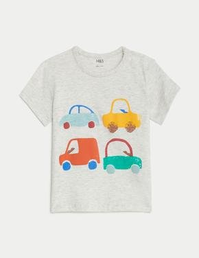 Bebek Gri Saf Pamuklu Araba Desenli T-Shirt (0-3 Yaş)
