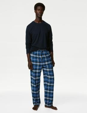 Erkek Lacivert Saf Pamuklu Uzun Kollu Pijama Takımı