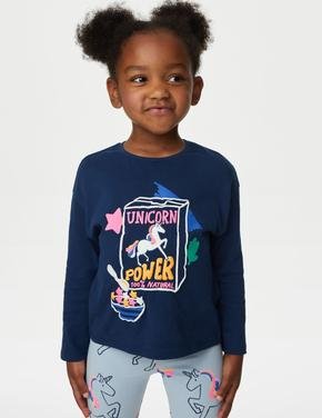 Kız Çocuk Lacivert Saf Pamuklu Unicorn Desenli T-Shirt (2-7 Yaş)