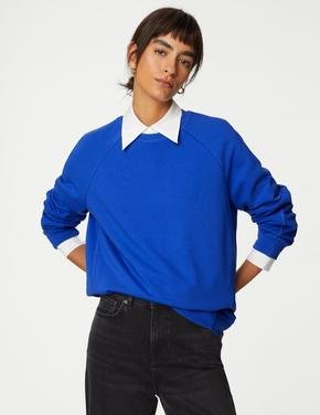 Kadın Mavi Regular Fit Yuvarlak Yaka Sweatshirt