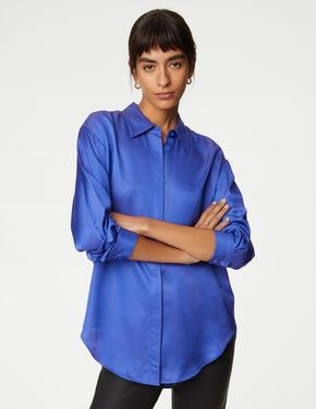 Kadın Mavi Oversize Uzun Kollu Saten Gömlek
