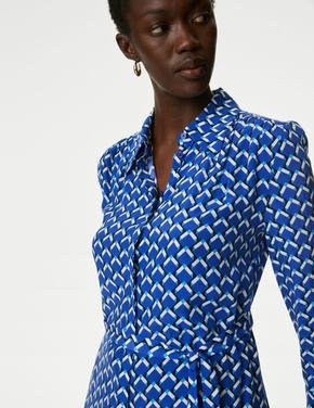 Kadın Mavi Uzun Kollu Midi Gömlek Elbise