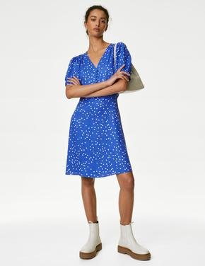 Kadın Mavi V Yaka Desenli Mini Elbise