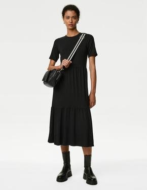 Kadın Siyah Kısa Kollu Midi Örme Elbise