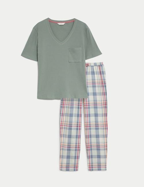 Yeşil Ekose Desenli Kısa Kollu Pijama Takımı