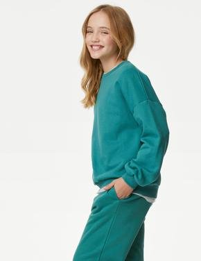 Kız Çocuk Yeşil Regular Fit Yuvarlak Yaka Sweatshirt (6-16 Yaş)