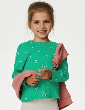 Kız Çocuk Yeşil Saf Pamuklu Uzun Kollu T-Shirt (2-7 Yaş)