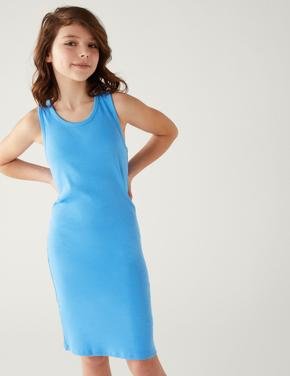 Kız Çocuk Mavi Fitil Detaylı Regular Fit Elbise (6-16 Yaş)