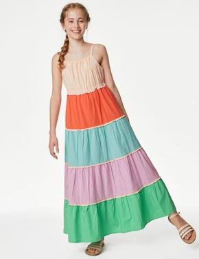 Kız Çocuk Multi Renk Saf Pamuklu Renk Bloklu Elbise