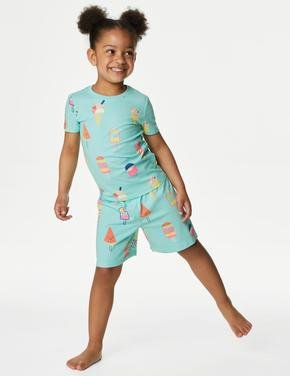 Çocuk Mavi Dondurma Desenli Kısa Kollu Pijama Takımı (1-8 Yaş)