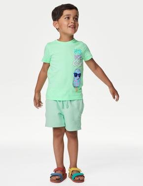 Erkek Çocuk Yeşil Saf Pamuklu Kısa Kollu T-Shirt (2-7 Yaş)