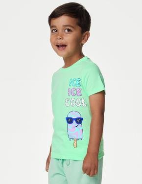 Erkek Çocuk Yeşil Saf Pamuklu Kısa Kollu T-Shirt (2-7 Yaş)