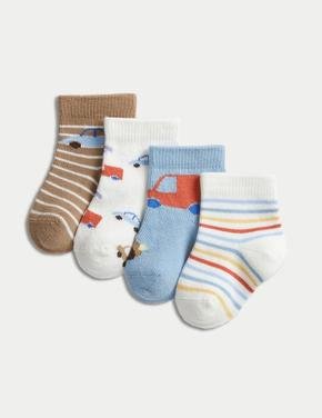 Çocuk Multi Renk 4'lü Araba Desenli Bebek Çorabı (0-3 Yaş)