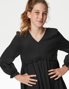 Kız Çocuk Gri Regular Fit Uzun Kollu Elbise (6-16 Yaş)