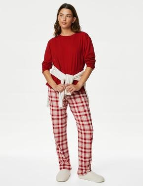 Kadın Kırmızı Saf Pamuklu Uzun Kollu Pijama Takımı