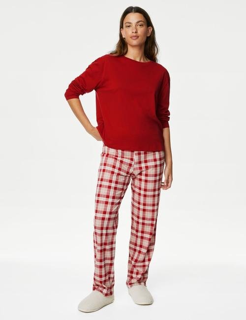 Kırmızı Saf Pamuklu Uzun Kollu Pijama Takımı