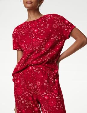 Kadın Kırmızı Saf Pamuklu Kısa Kollu Pijama Takımı