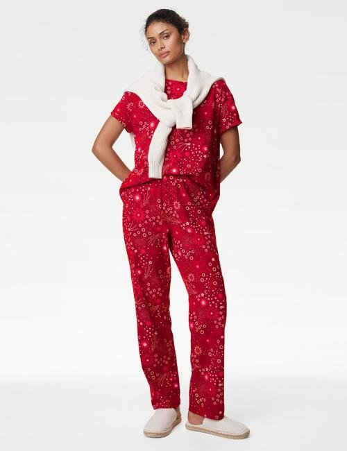 Kırmızı Saf Pamuklu Kısa Kollu Pijama Takımı