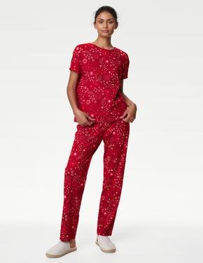 Kadın Kırmızı Saf Pamuklu Kısa Kollu Pijama Takımı