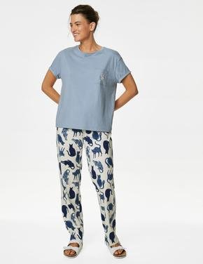 Kadın Mavi Saf Pamuklu Kısa Kollu Pijama Takımı