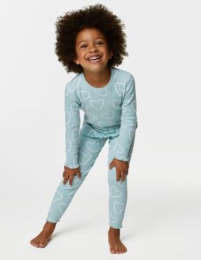Çocuk Mavi Kalp Desenli Uzun Kollu Pijama Takımı (1-8 Yaş)