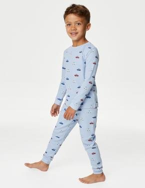 Çocuk Mavi Saf Pamuklu Uzun Kollu Waffle Pijama Takımı (1-8 Yaş)