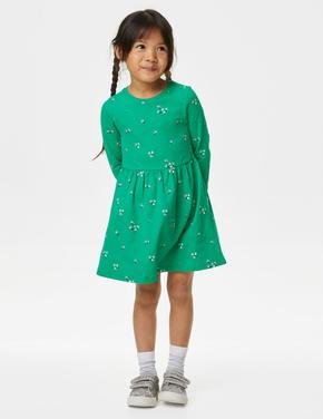 Kız Çocuk Yeşil Saf Pamuklu Uzun Kollu Elbise (2-7 Yaş)