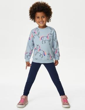 Kız Çocuk Mavi Unicorn Desenli Yuvarlak Yaka Sweatshirt (2-7 Yaş)