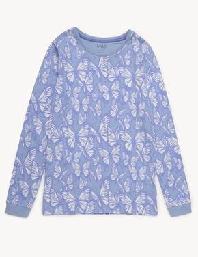 Çocuk Mavi Kelebek Desenli Uzun Kollu Pijama Takımı (7-14 Yaş)