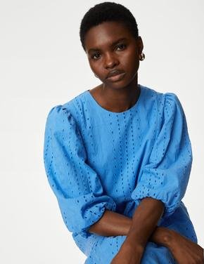 Kadın Mavi Saf Pamuklu İşleme Detaylı Midi Elbise
