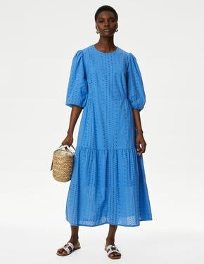 Kadın Mavi Saf Pamuklu İşleme Detaylı Midi Elbise