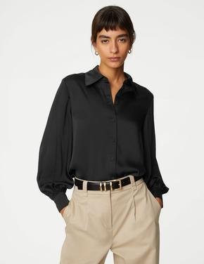 Kadın Siyah Uzun Kollu Saten Gömlek