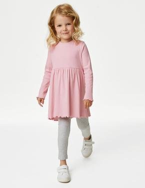 Kız Çocuk Pembe Fitil Detaylı Uzun Kollu Elbise (2-7 Yaş)