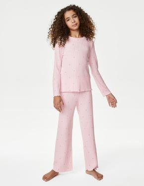 Çocuk Pembe Fitil Detaylı Uzun Kollu Pijama Takımı