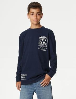 Erkek Çocuk Lacivert Saf Pamuklu Uzun Kollu T-Shirt (6-16 Yaş)