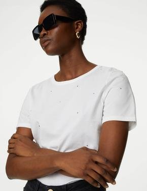 Kadın Beyaz Saf Pamuklu Pul Detaylı T-Shirt
