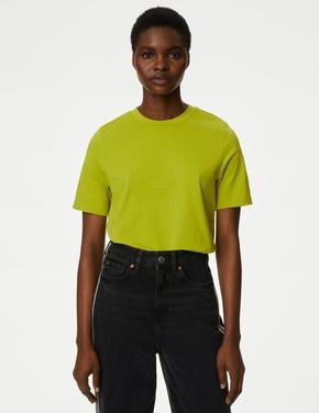 Kadın Yeşil Saf Pamuklu Kısa Kollu T-Shirt