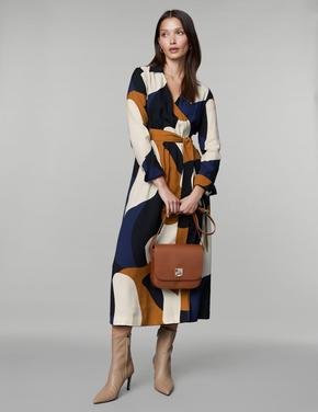 Kadın Lacivert V Yaka Desenli Midi Elbise