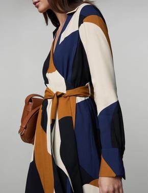 Kadın Lacivert V Yaka Desenli Midi Elbise
