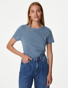 Kadın Gri Saf Pamuklu Pul Detaylı T-Shirt