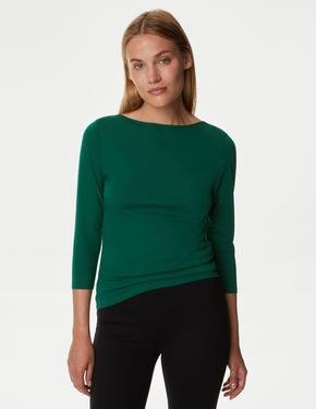 Kadın Yeşil Slim Fit Kayık Yaka T-Shirt