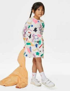 Kız Çocuk Multi Renk Saf Pamuklu Uzun Kollu Elbise (2-7 Yaş)