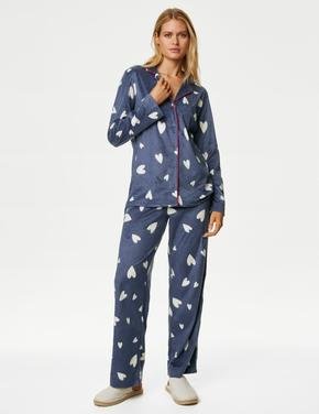 Kadın Mavi Kalp Desenli Uzun Kollu Polar Pijama Takımı